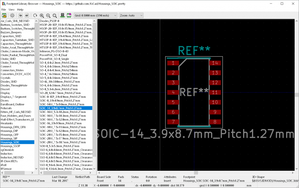 טביעת-רגל (footprint) מוכנה לרכיב, בתוכנת העריכה KiCAD